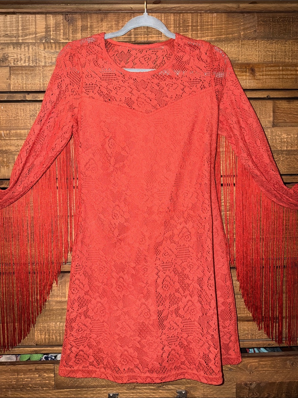 Idyllwind Coral Red Lace Long-Sleeve Fringe Dress